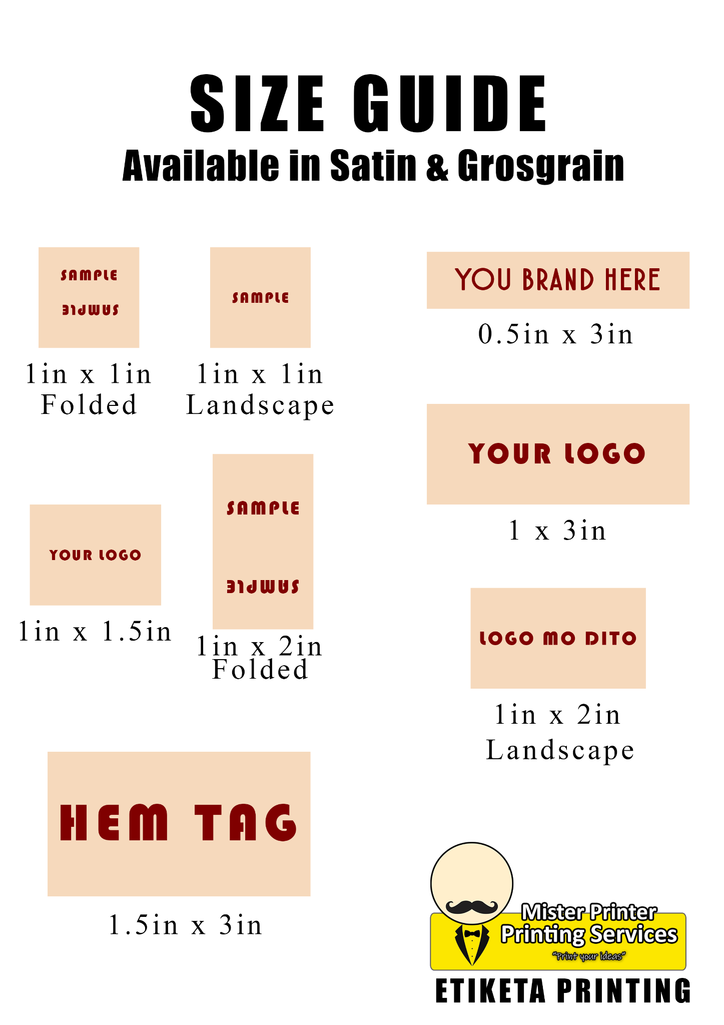 Mister Printer Etiketa size guide showing folded, landscape, neck tape and hem tag examples