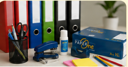 School and office supplies including paper, folders and desk tools