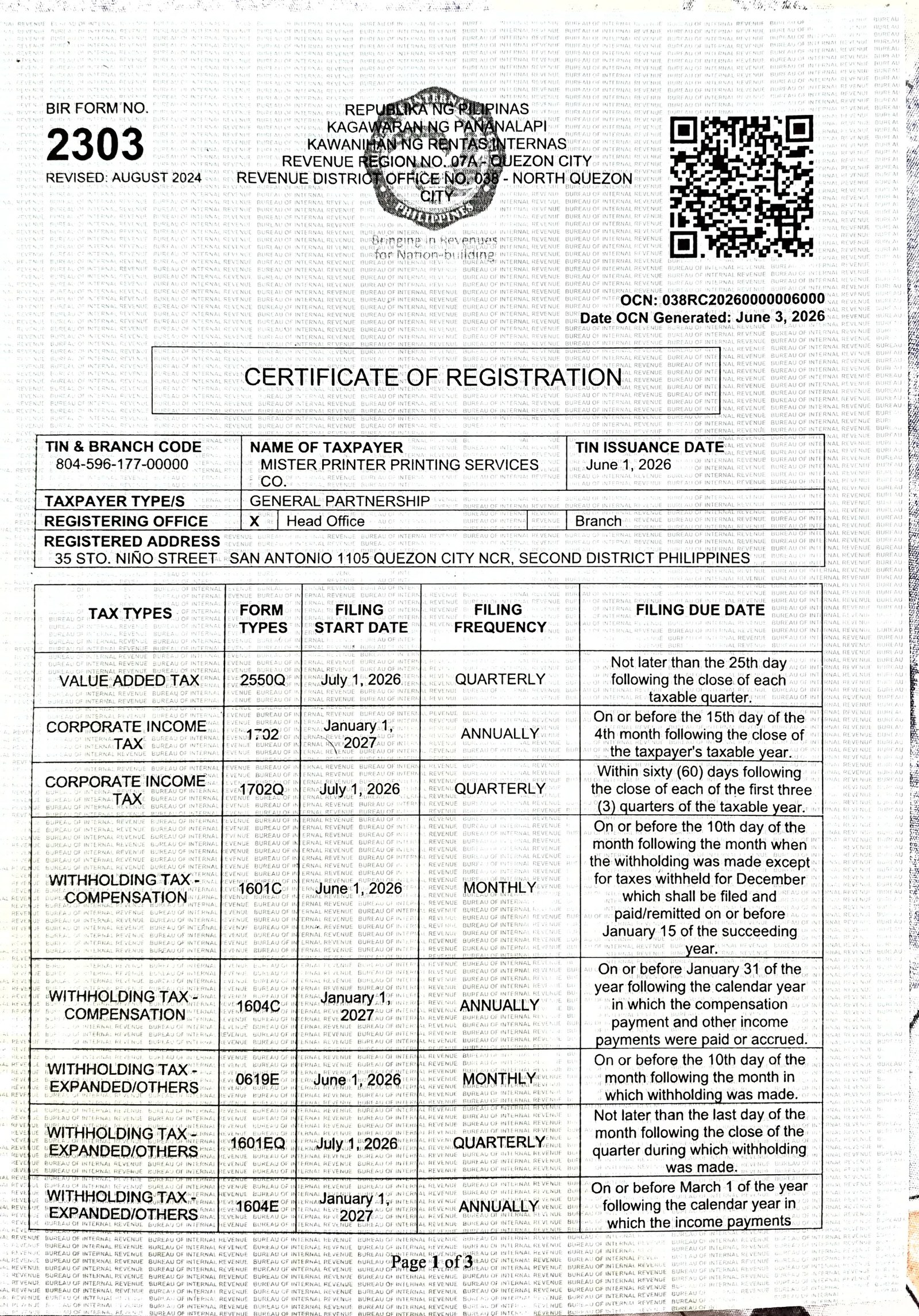 BIR Certificate of Registration - Page 2